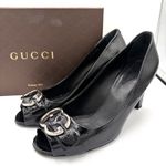 Gucci  Sachalin GG Buckle Patent Black Leather Peep Toe Heels Sz 39.5 Luxury Photo 0