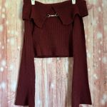 Micas  Burgundy Solid Knit Metallic Off Shoulder Long-Sleeve Sweater Photo 1