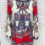 Melissa Paige Paisley Damask Print Bell Sleeve Knit Tunic Top Red Cream Small Photo 0