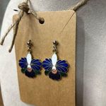 Vintage Cloisonné Flower Dangle Post Enamel Flower Orchid Hibiscus Blue Photo 2
