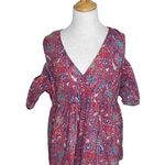 Lucky Brand  Womens Pink Red Blue Floral Print Cold Shoulder Blouse Top Sz L Photo 0