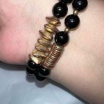 Jane Marie Set of Two Black Glass Bead and Vintage Gold Tone Stretch Bracelets Photo 2