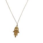 Gold Hamsa Hand Pendant Necklace Turquoise Accent On Delicate Chain Womens u Photo 1