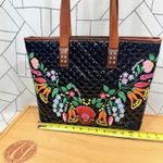 Consuela  Black Quilted Patent Tote Floral Embroidery Leather Shoulder Bag Purse Photo 1