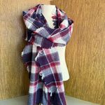 Madewell Range Plaid 100% Wool Scarf Red Navy Cream Tartan Fringe 25x72 Academia Photo 0