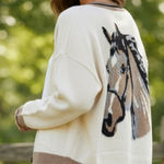 NWT Cream Horseback Knit Varsity Cardigan Sweater Jacket Horse Motif Medium Brown Photo 1