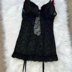 Dreamgirl Lingerie Y2K Black Floral Lace Babydoll Dress Medium Garters Neon Pink Photo 4