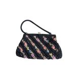 Vintage Beaded Handbag Black Beads Over Tapestry Kiss Lock Clasp Single Handle Black Photo 4