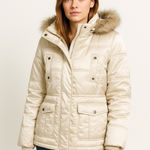 Esprit 2000s Faux Fur Hooded Cream Winter Puffer Coat Size Medium Photo 0