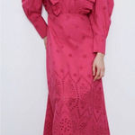 ZARA  Eyelet Pink Fushia Maxi Dress Cotton Poplin Long Puff Sleeve Small 7521/107 Photo 0