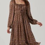 ASTR  Floral Brown Ruched Bust Long Sleeve Cottagecore Farmhouse Midi Dress Photo 0