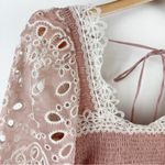 Elliatt NWT Stippling Long Sleeve Smocked Eyelet Lace Top in Blush Size S Photo 3