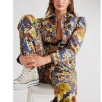 MOTHER The Puffy Wrapper Floral Denim Jumpsuit Flowers in Her Hair L Tan Size L Photo 13