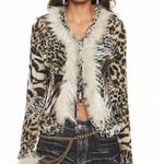 Romwe Leopard Print Faux Fur Long Sleeve Tie Front Ruffle Lightweight Cardigan Top M Photo 2