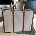 Tory Burch Blake Jumbo Tote Bag Canvas Leather Trim Neutral Cream Brown Cuoio Photo 6