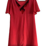 YA Los Angeles Festive Red Sheath Dress with Black Lace Trim Cross Back Flutter Sleeve Chiffon Photo 0