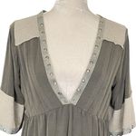 POL Olive Pleated Deep V-neck Boho Top Size S Grommet Trim Details Photo 2