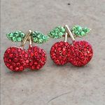 Gold Tone Red & Green Crystal Cherry Stud Earrings Photo 0