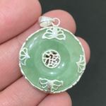 Sterling Silver Vintage 925 Natural Jade Jadeite Donut Circle Lucky Pendant 5.5g Photo 9