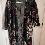 Three Eighty Two Black Floral Velvet Burnout Kimono Duster Cardigan Jacket M Photo 0