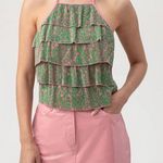 Trina Turk Womens Large Petal Print Plissé Ruffle Halter Top in Pink Dawn NEW Photo 0