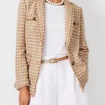 Ann Taylor Blazer Womens 2 Beige White Checked Tweed Fringe Trim Pockets Jacket Photo 0