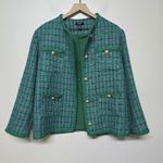 AQUA Green Tweed Bouclé Jacket L Women's Gold Button Front Pocket Trim Blazer... Photo 5