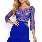 Three Floor  Cobalt Blue Lace Sheer‎ Illusion Ruffle Hem Mini Dress XS Photo 0