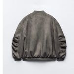 ZARA  Faux Suede Bomber Jacket Ruched Sleeves Grey Size Large Photo 5