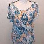Westport Women’s Blouse Size Small Short Sleeve Floral Damask White Blue Yellow Photo 0