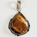 TIGER’S Eye Genuine Stone Pendant 925 Sterling Silver Plated Brown Photo 0