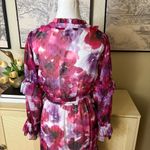 Marchesa Notte Oleander Floral Print Asymmetrical Ruffle Midi Dress Size 2 Purple Photo 4