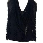 Tadashi Shoji  Black Ruched Mesh Long Sleeve Pleated Top Rhinestones‎ Size S Photo 0