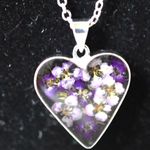 Mexico ATI Silver Elegant Blown Glass Encased Dry Floral Bouquet Heart Necklace Photo 1