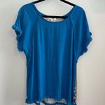 Umgee  Blue Frayed Hem Mixed Print Boho Top Large Photo 0