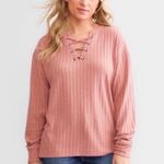 BKE  Pink Long Sleeve Lace-Up Tee Photo 0