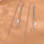 Silver Moon Star Threader Long Tassel Earring Chain, Drop Dangle Woman Earrings Photo 0