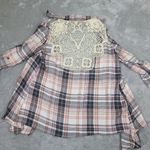 One World Womens Cardigan Medium Plaid Lace Back Open Drape Front Waterfall Photo 5