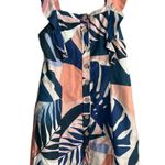 Hutch  Navy Leaf Print Square Neck Ruffle Button Down Cotton Linen Mini Dress 2 Photo 0