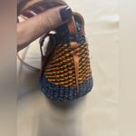 Woven Blue & Brown Crossbody Bucket Bag Leather Patterned Top Closure Straps Photo 8