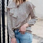 ZARA Basic Asymmetric Ruffle Blouse Size M Long Sleeve Polka Dot Pink Black Photo 0