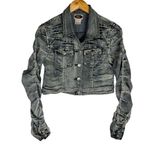 Y2K Cropped Moto Jacket Ruched Sleeves Distressed Sz Small Grunge Black Photo 0