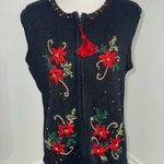 kim rogers Christmas Poinsettia Embroidered Sweater Vest Navy Zip Women’s M Photo 0