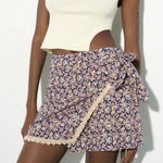 ZARA  Wrap Mini Skirt Womens S Navy Floral Shell Trim Boho Beachy Cottagecore Photo 0