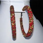 Red and Gold Chunky Sparkle Hoop Earrings Photo 1