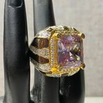 Mens Statement Ring Large Square Pink Gemstone Gold Tone Bold Fashion Ajustable Photo 1