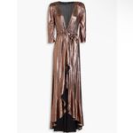 Retrofête  Flora Lamé High-Low deep V-neck Wrap Dress - Bronze EUC Photo 2