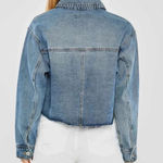 Love Tree Denim Jacket Cropped Cargo Pocket Raw Hem Blue Distressed Light Blue Jean Denim Photo 4