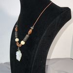 White seashell carved flower necklace on beaded leather cord 15” 3” ext Brown Photo 2