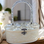 VINTAGE 1950s LUCITE PURSE Handbag PEARL Marbleized Ivory Round Box Style Nice! White Photo 0